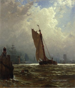 Alfred Thompson Bricher Painting - Puerto de Nueva York con el puente de Brooklyn en construcción Alfred Thompson Bricher